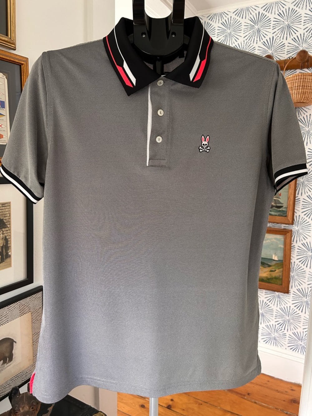 Psycho Bunny Grey Denison Birdseye Sport Polo with Black and Pink Trim